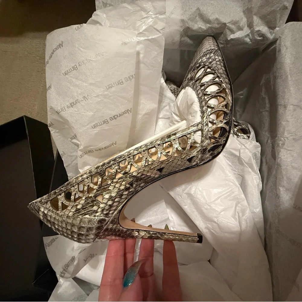 Alexandre Birman Snakeskin Laser Cut Cutout Stiletto Heels Size 36.5